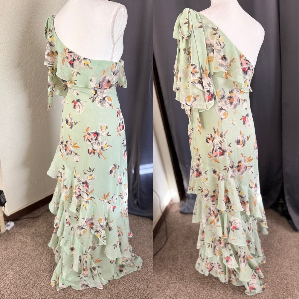 Lauren Ralph Lauren Floral Crinkled Georgette Gown Sage Green One Shoulder 18 - Picture 4 of 8